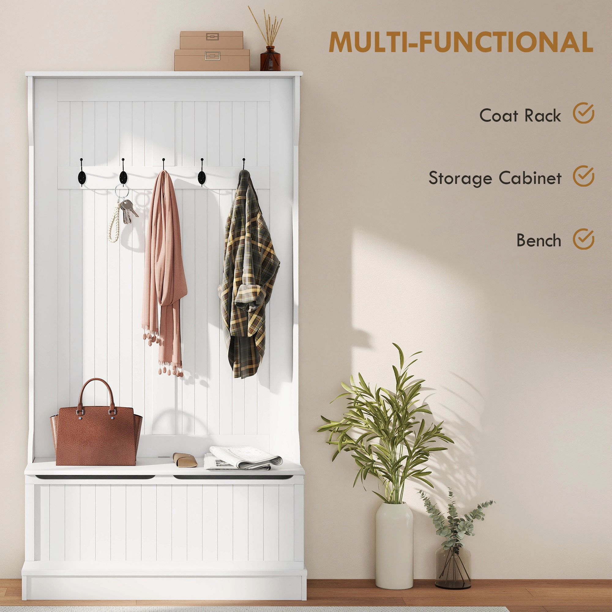HONGGE 3-In-1 Entryway Bench with Coat Rack, Hall Tree with Bench and Shoe Storage, 5 Hooks for Hallway