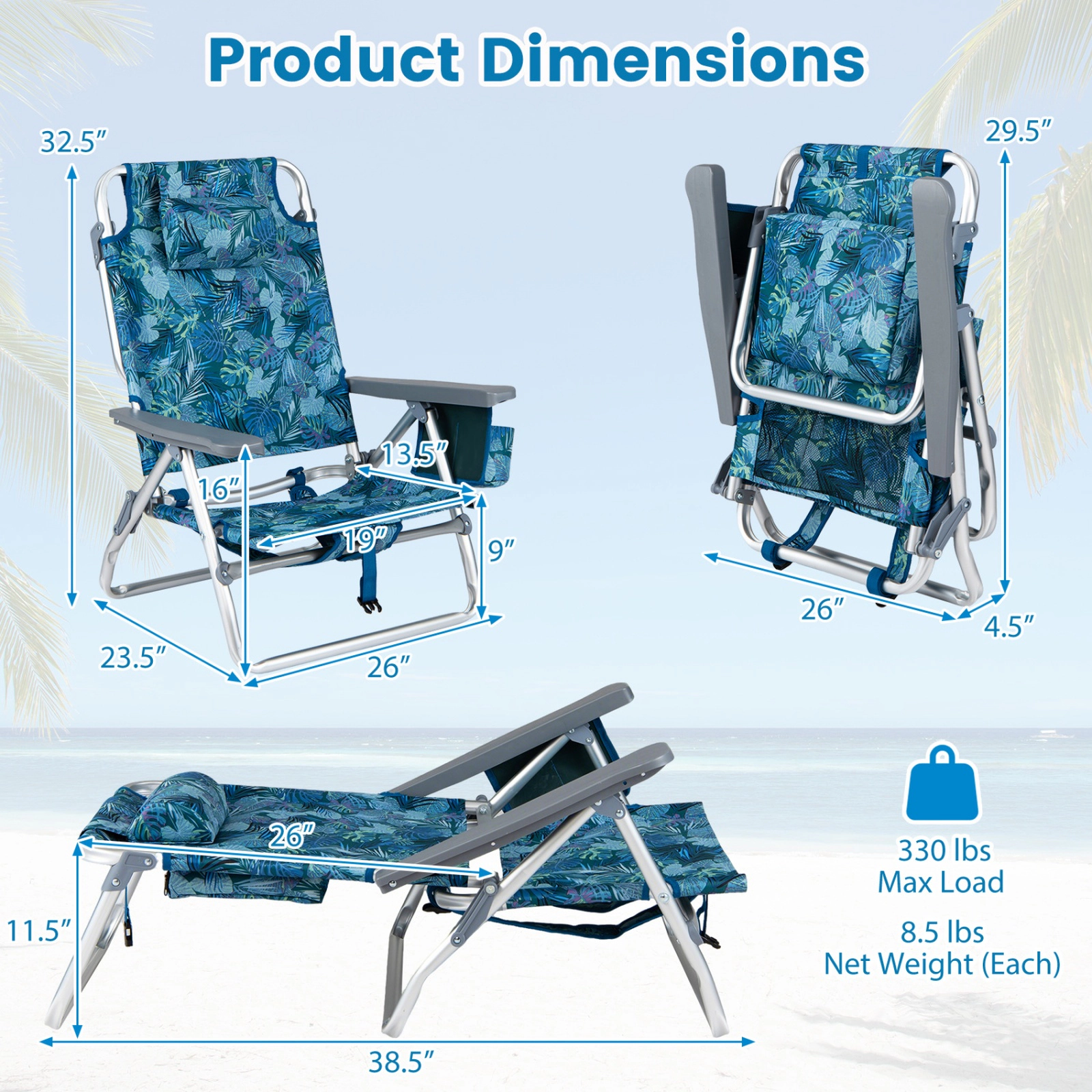 SUGIFT Portable Folding Backpack Beach Recliner Chair 330-lb Capacity 5-Position Backrest & Padded Headrest Peacock Blue