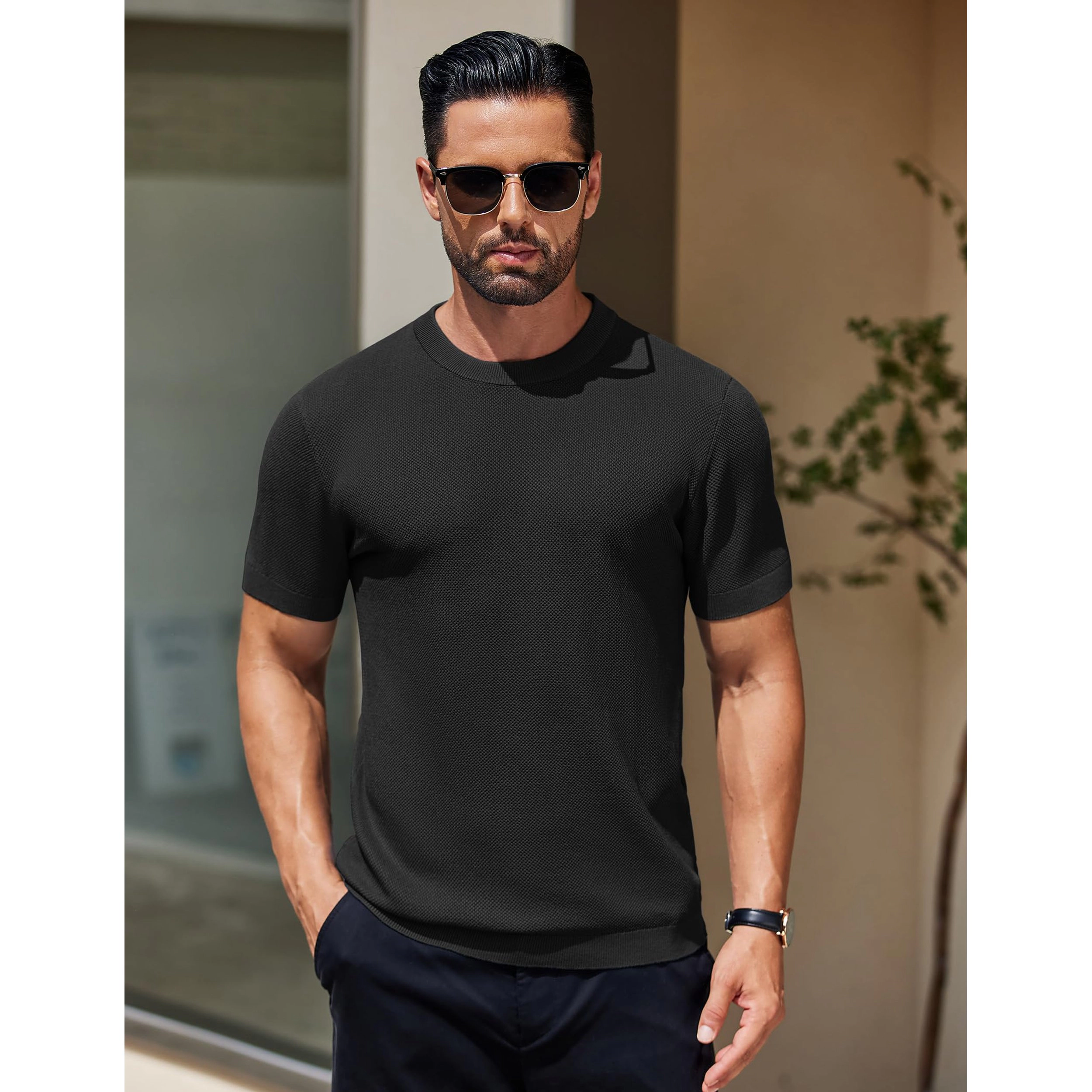 COOFANDY Mens Short Sleeve Knit T-Shirt Fall Crew Neck Ribbed Trim Casual Slim Tee