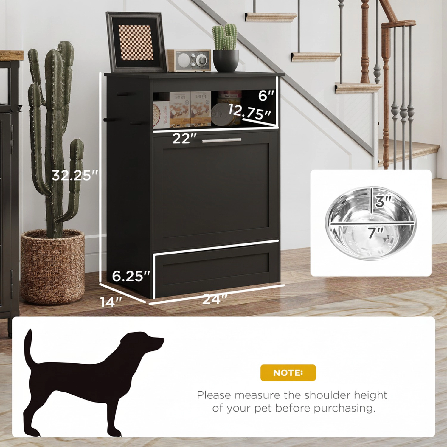HONGGE Pet Feeder Station Storage Cabinet, Dog Food Container with Raised Bowls, Watering Supplies