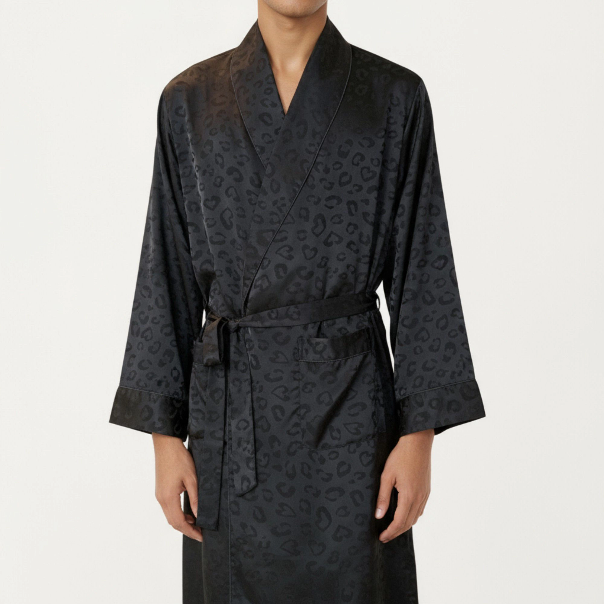 Anna-Kaci Men's Leopard Print Satin Robe with Waist Tie and Front Pockets