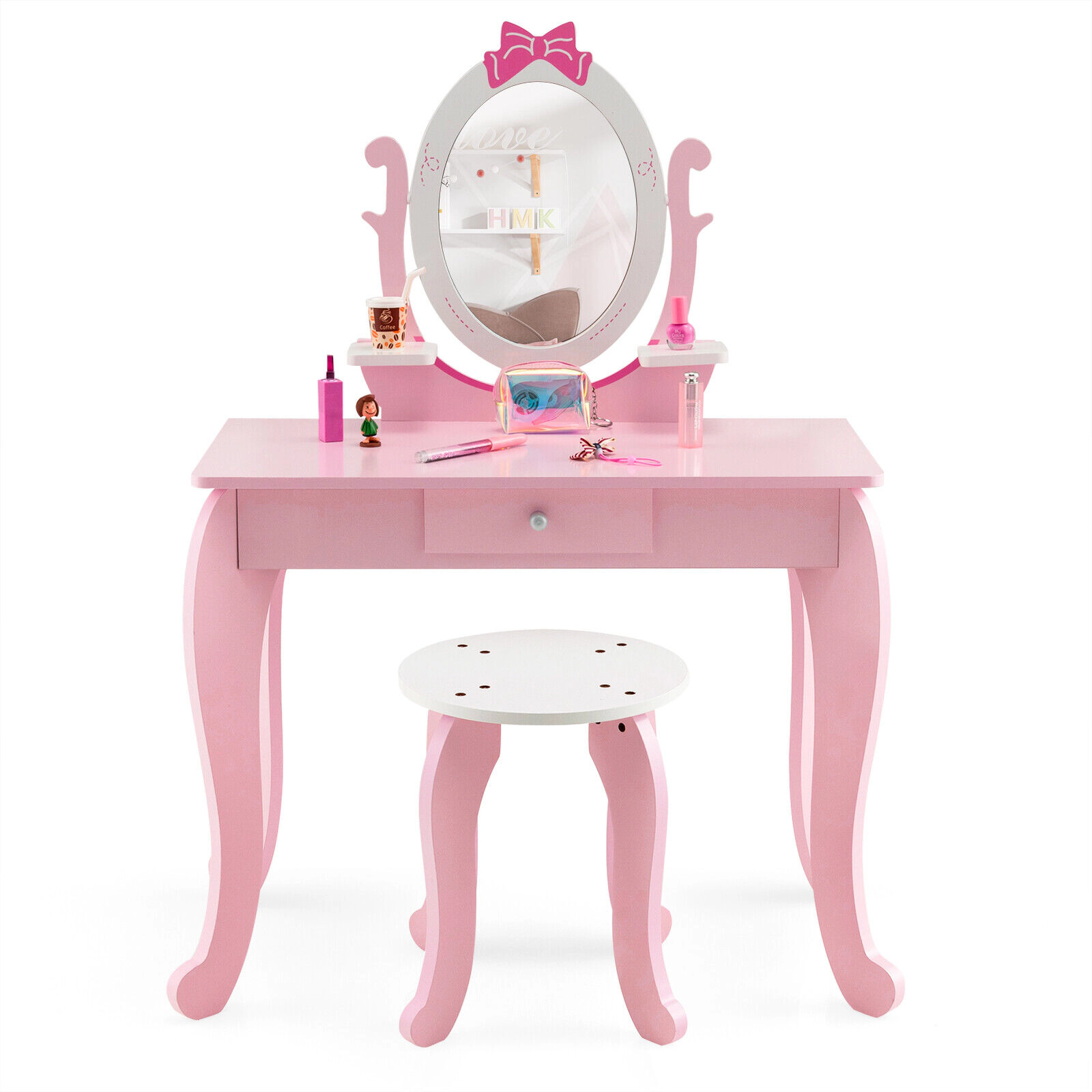SUGIFT Pink Kids Vanity Table and Stool Set with Rotatable Oval Mirror