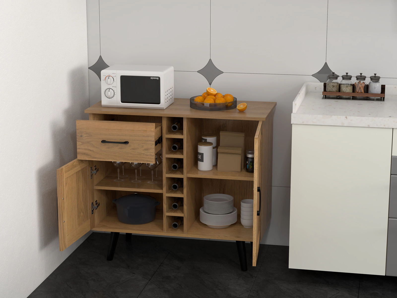 SUGIFT 2-Door Buffet Sideboard with Drawer and 6-Bottle Wine Rack 125-lb Tabletop Capacity White/Black/Natural