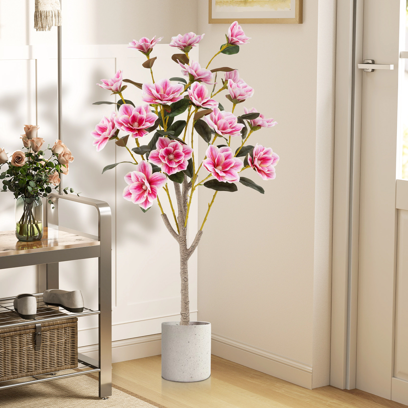 Slickblue Artificial Magnolia Tree with Blooming Flowers and Multi Branch Trunks for Home Decor