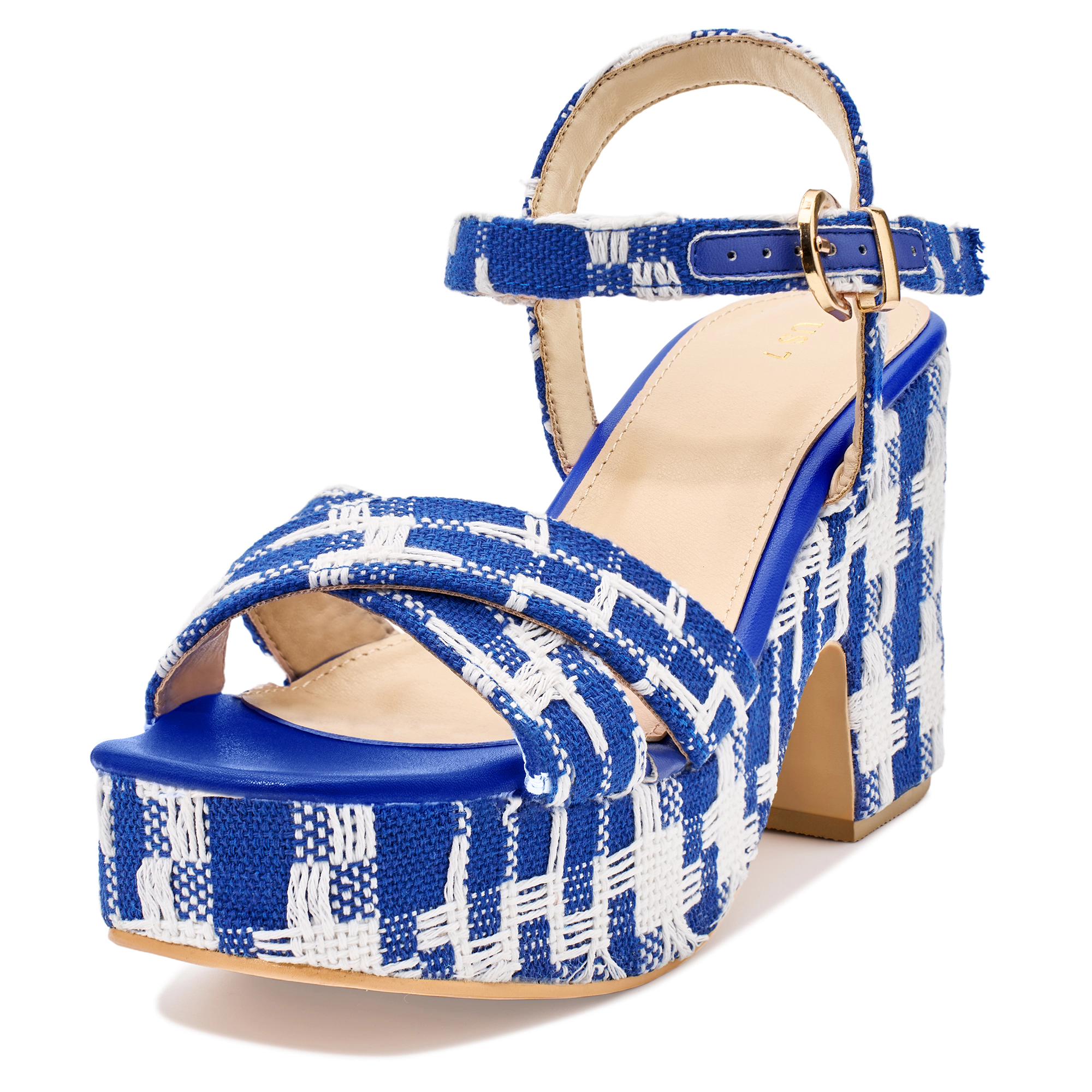 BLISSFUL STEP Women's Plaid Platform Chunky Heel Square Toe Ankle Strap Sandals