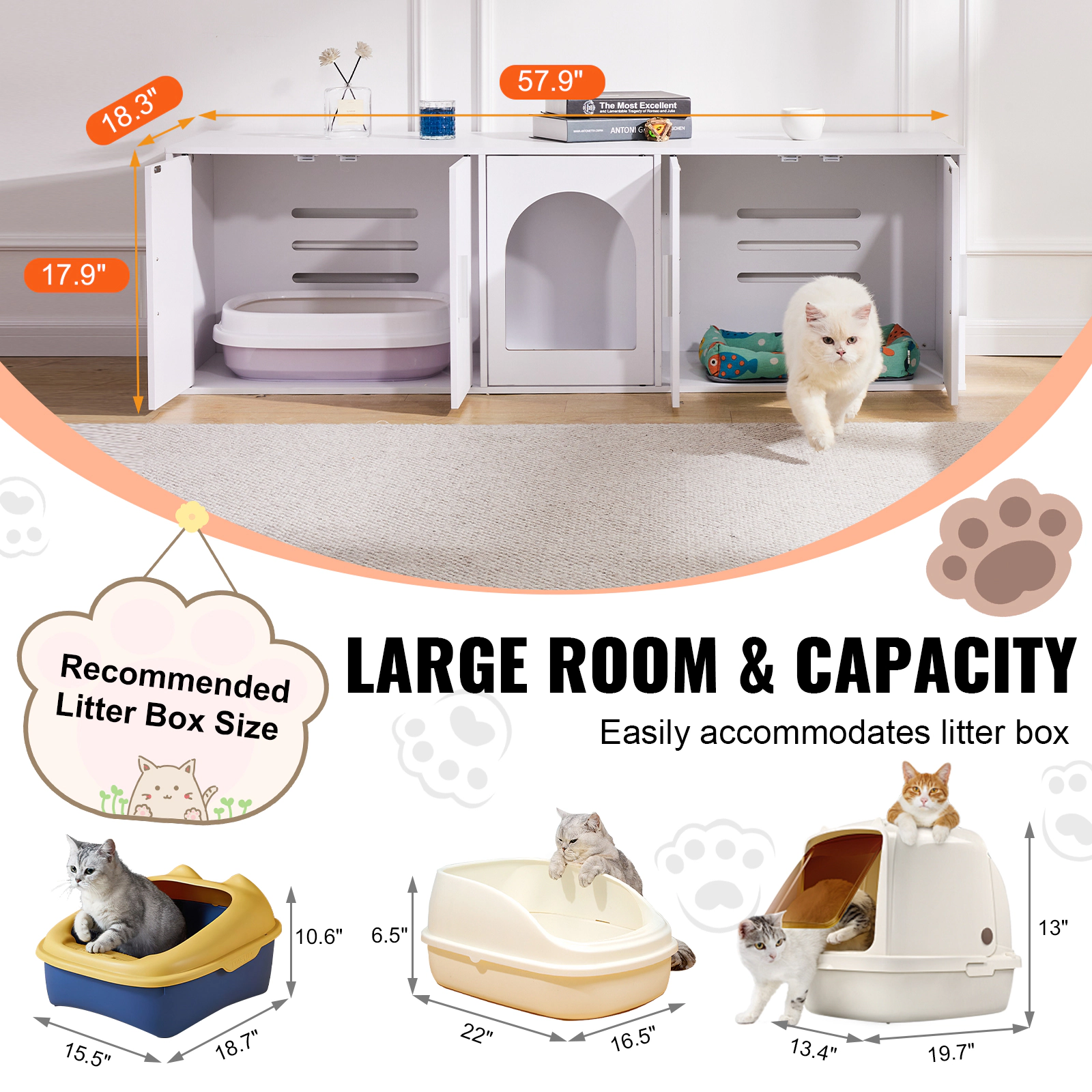 HONGGE Cat Litter Box Enclosure for 2 Cats Litter Box Furniture Hidden with Wooden Cat Box Cabinet Fit Most of Litter