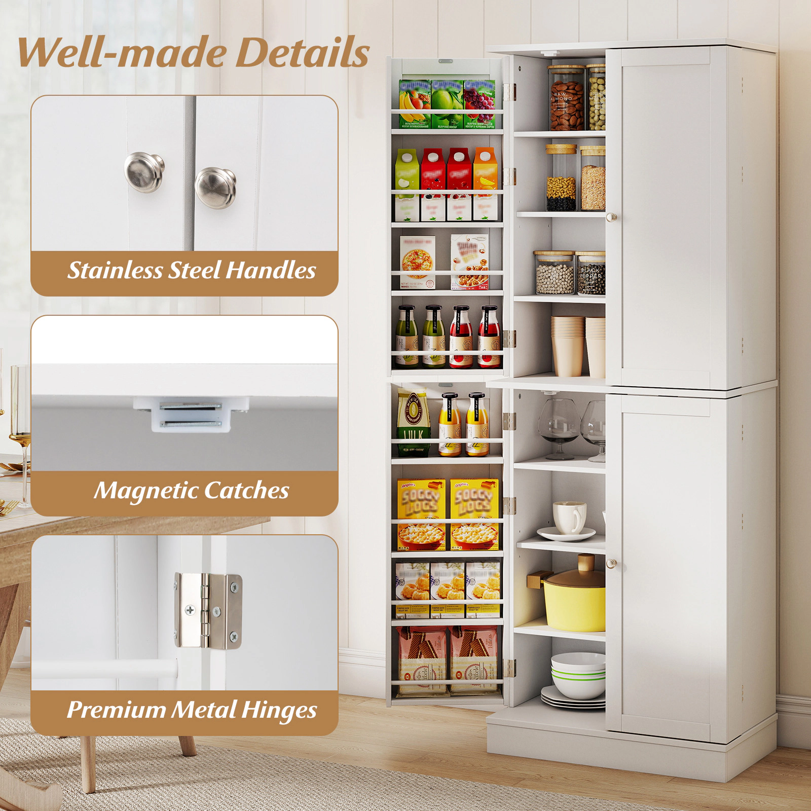 SUGIFT 65.5-in Tall Freestanding White Pantry Storage Cabinet with 6 Adjustable Shelves and 16 Door Shelves