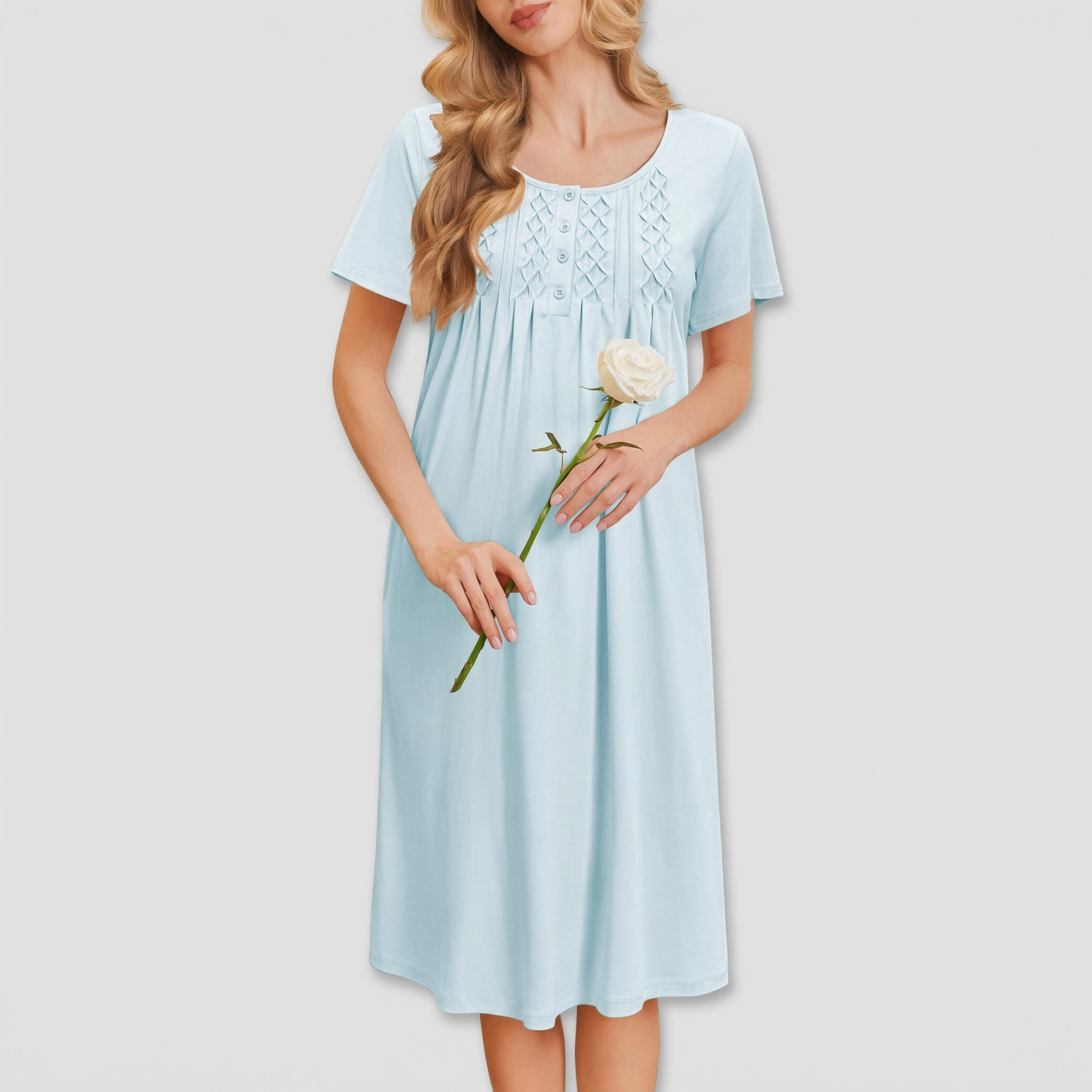 Ekouaer Cotton Nightgowns House Dress Pleated Night Gown Button Sleep Shirt Ladies Nightdress