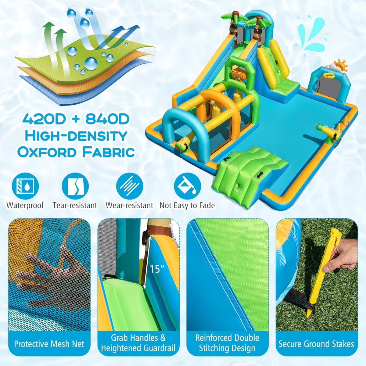 SUGIFT Tropical Dual Slide Climbing Wall and 735W Blower Kids Inflatable Water Slide Aqua Park