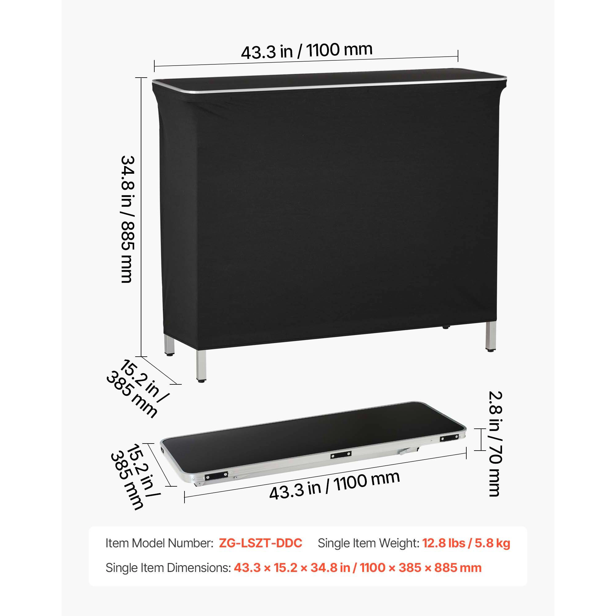 HONGGE 43.3-In Folding Portable Bar Table with Storage Shelf & Detachable Skirt