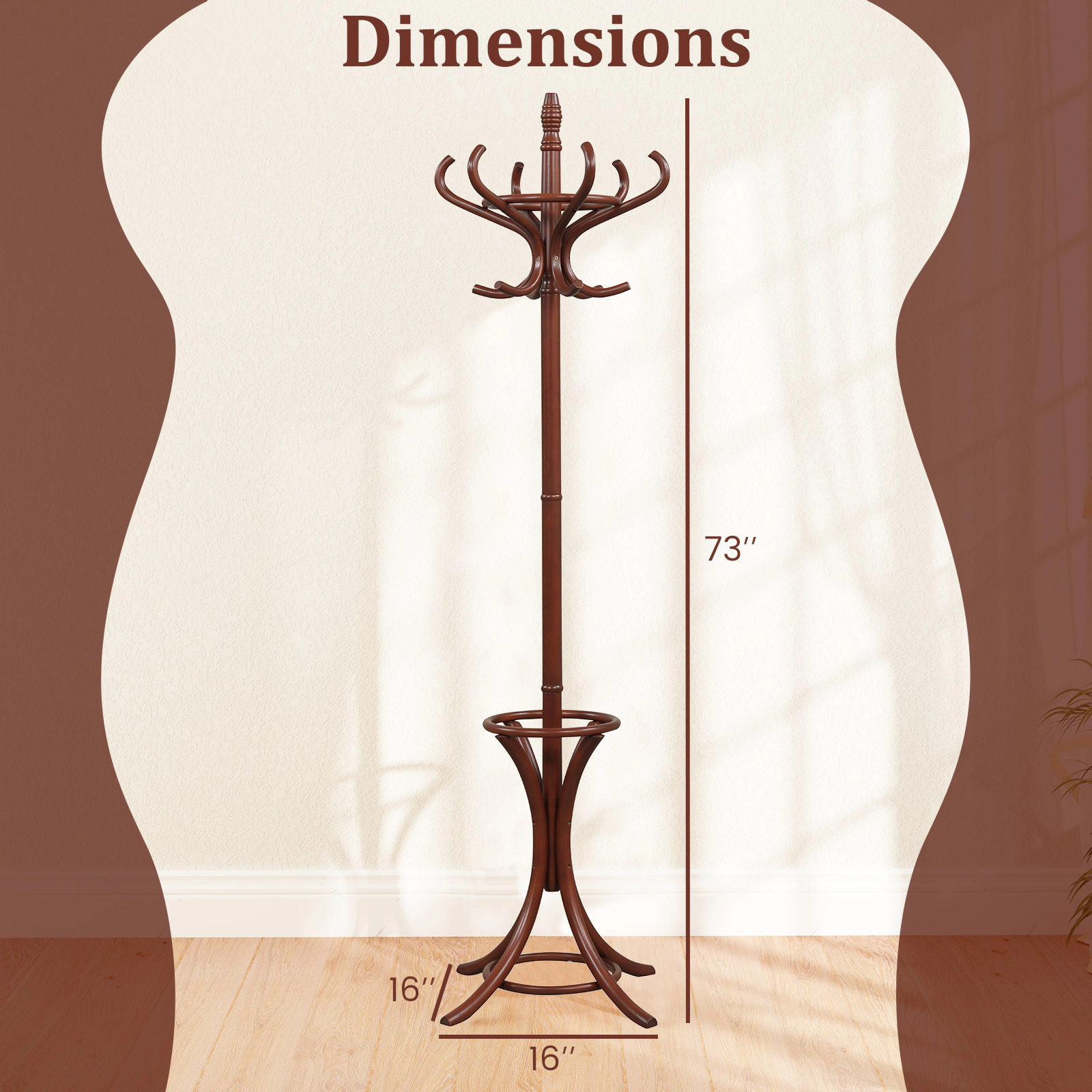 SUGIFT 73-in Tall Birch Wood Standing Hall Tree Coat and Hat Rack with Umbrella Stand and 12 Hooks