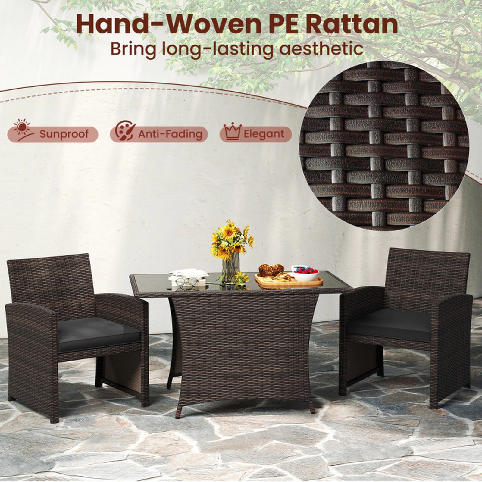 SUGIFT 3 Piece Patio Wicker Dining Set with Rectangle Tempered Glass Dining Table 400-lb Chairs Mix Brown/Gray