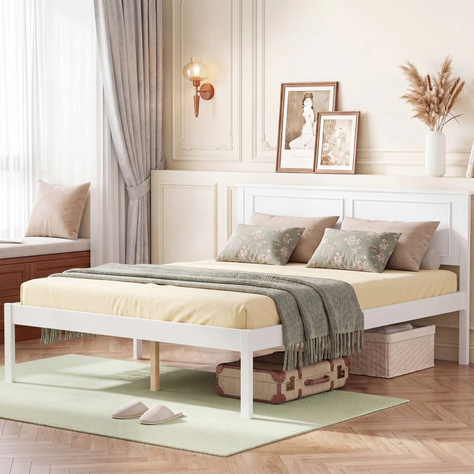 SUGIFT White Panel Headboard Farmhouse Wooden Platform Bed Frame