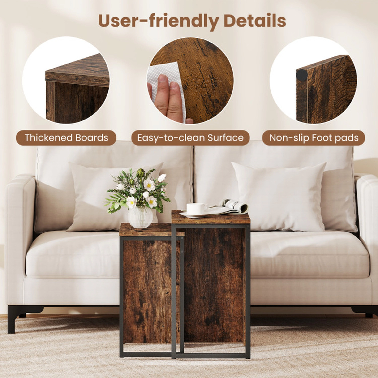 SUGIFT Set of 2 Nesting 2-in-1 Metal Frame Wood Coffee Tables 20-in x 12-in x 21-in 44-lb Capacity Rustic Brown