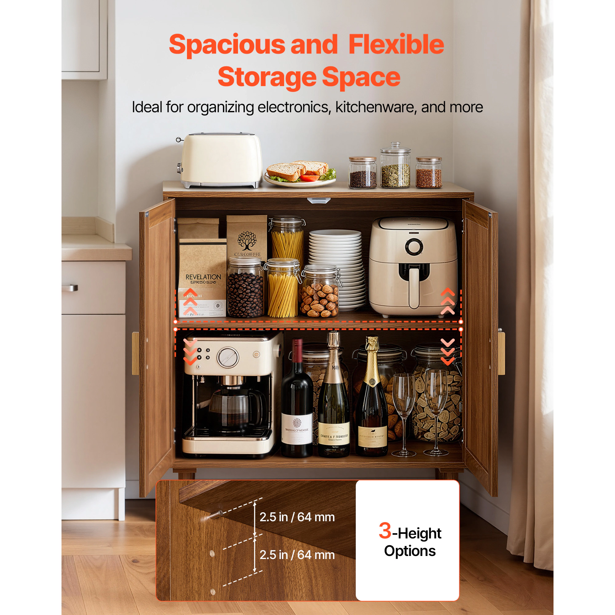 HONGGE Rattan Cabinet Rattan Storage Cabinet with 2 Magnetic Doors and Adjustable Shelves Accent Sideboard Buffet with