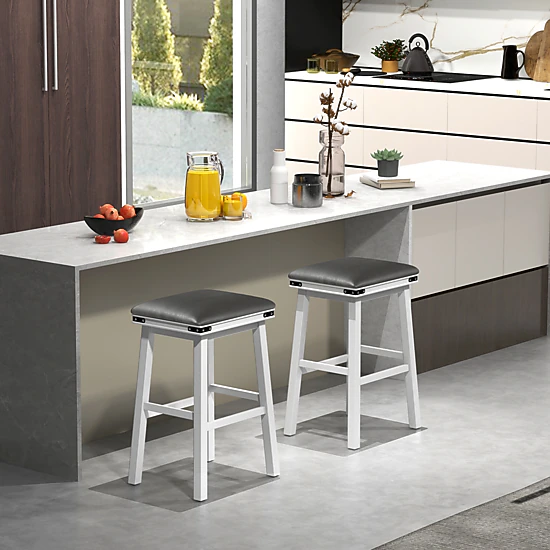 SUGIFT Acacia Wood Frame and Padded PU Leather Seat Set of 2 White Bar ...