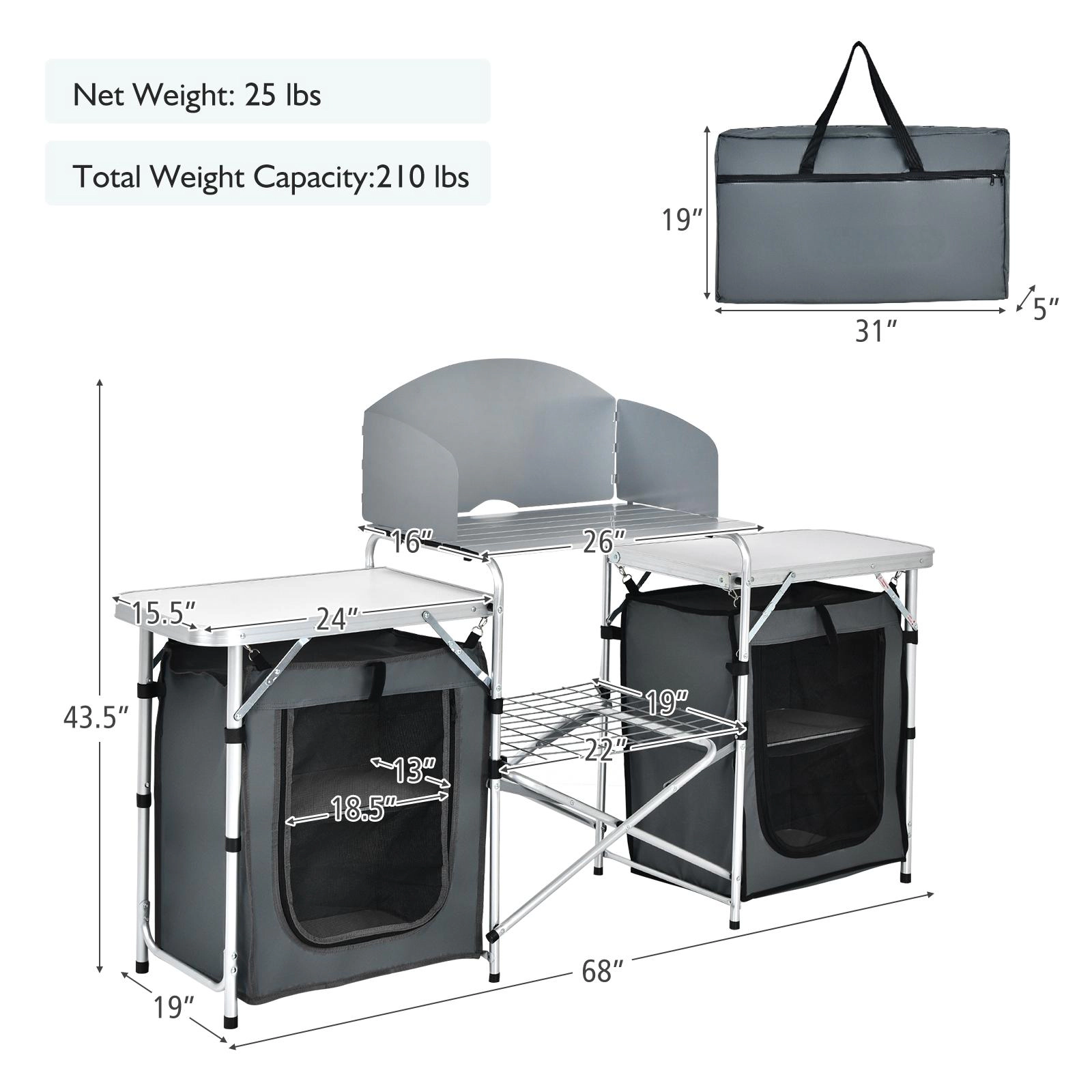 SUGIFT Gray Folding Camp Kitchen Table with Windscreen 68-in W 19-in D 43.5-in H 55-lb Tabletop Capacity