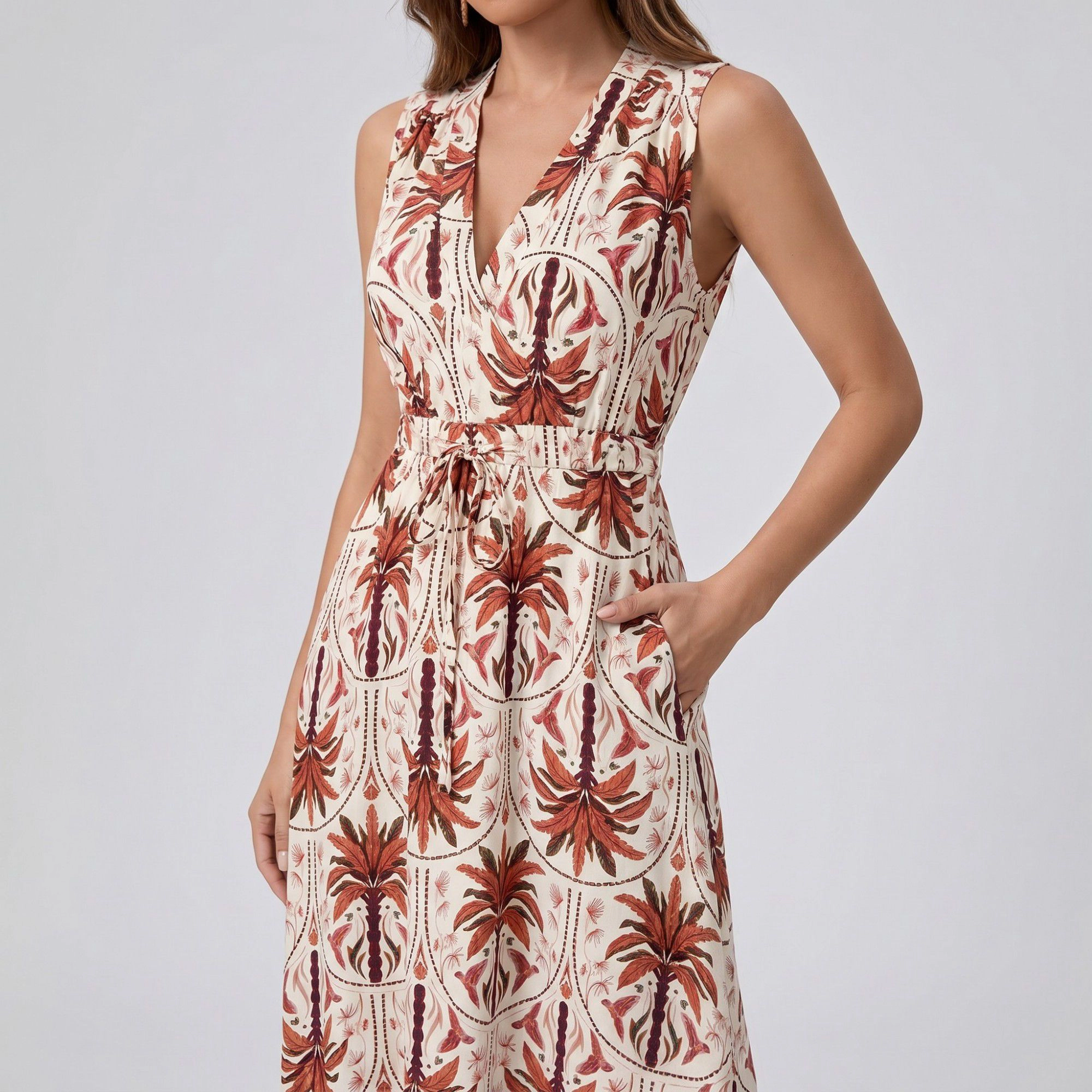 Anna-Kaci Women's Botanical Print Sleeveless V-Neck Tie Waist Side Pockets A-Line Maxi Dress
