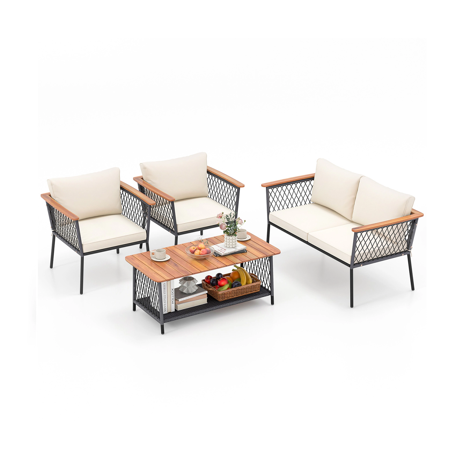 LJG 4 Piece Patio Rattan Furniture Set with 2-Tier Coffee Table
