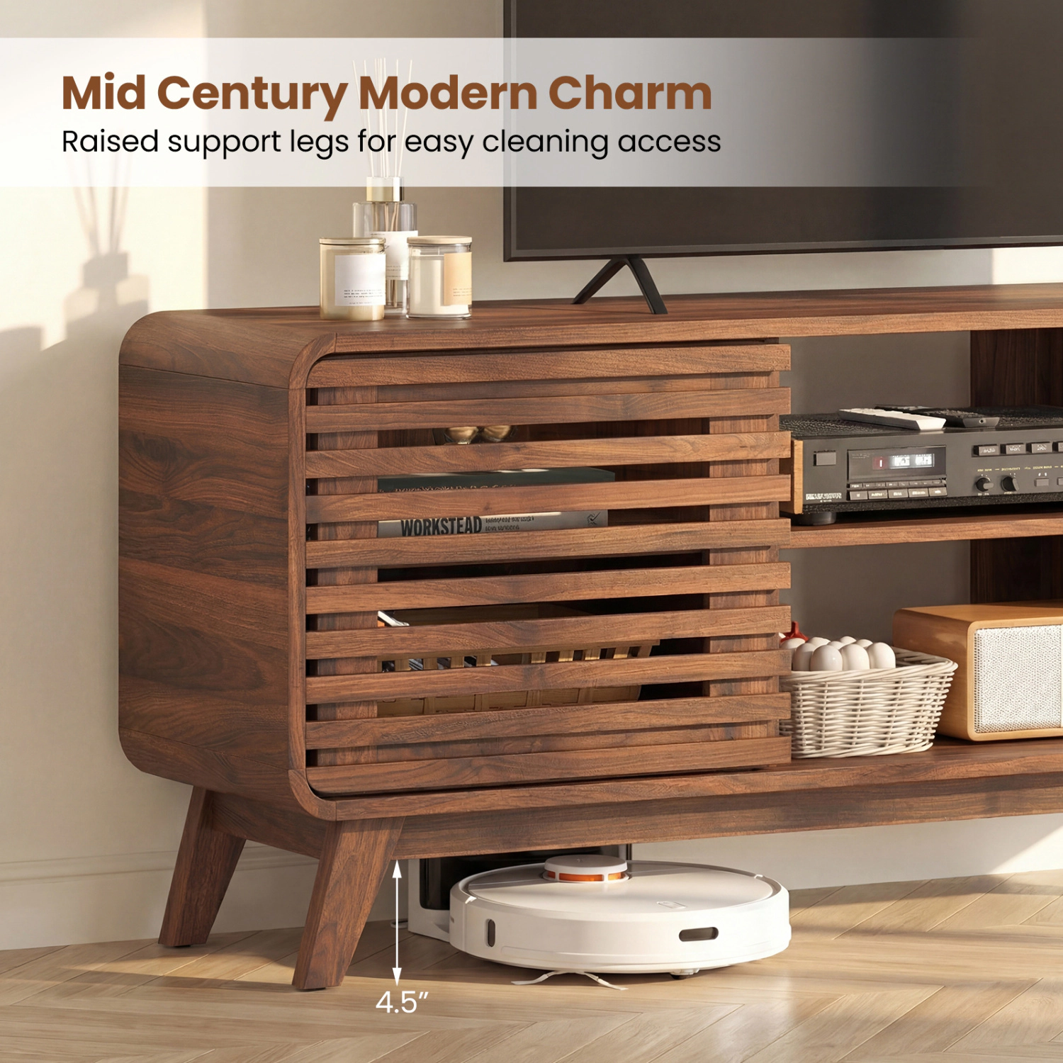 Glintex 58-Inch TV Stand with Grille-Style Sliding Doors and Tapered Feet, Walnut