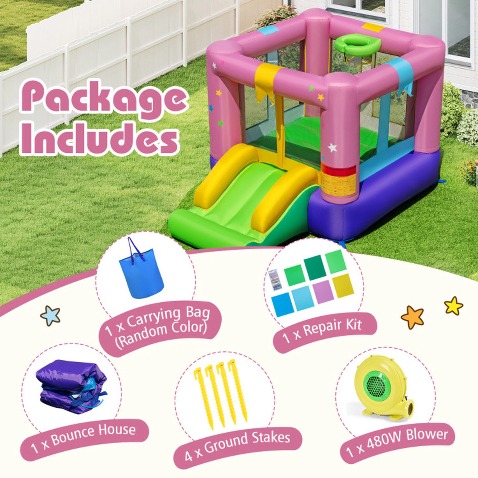 SUGIFT 200-lb Capacity Small Inflatable Bounce House with Slide Basketball Hoop 480W Blower and Carrying Bag