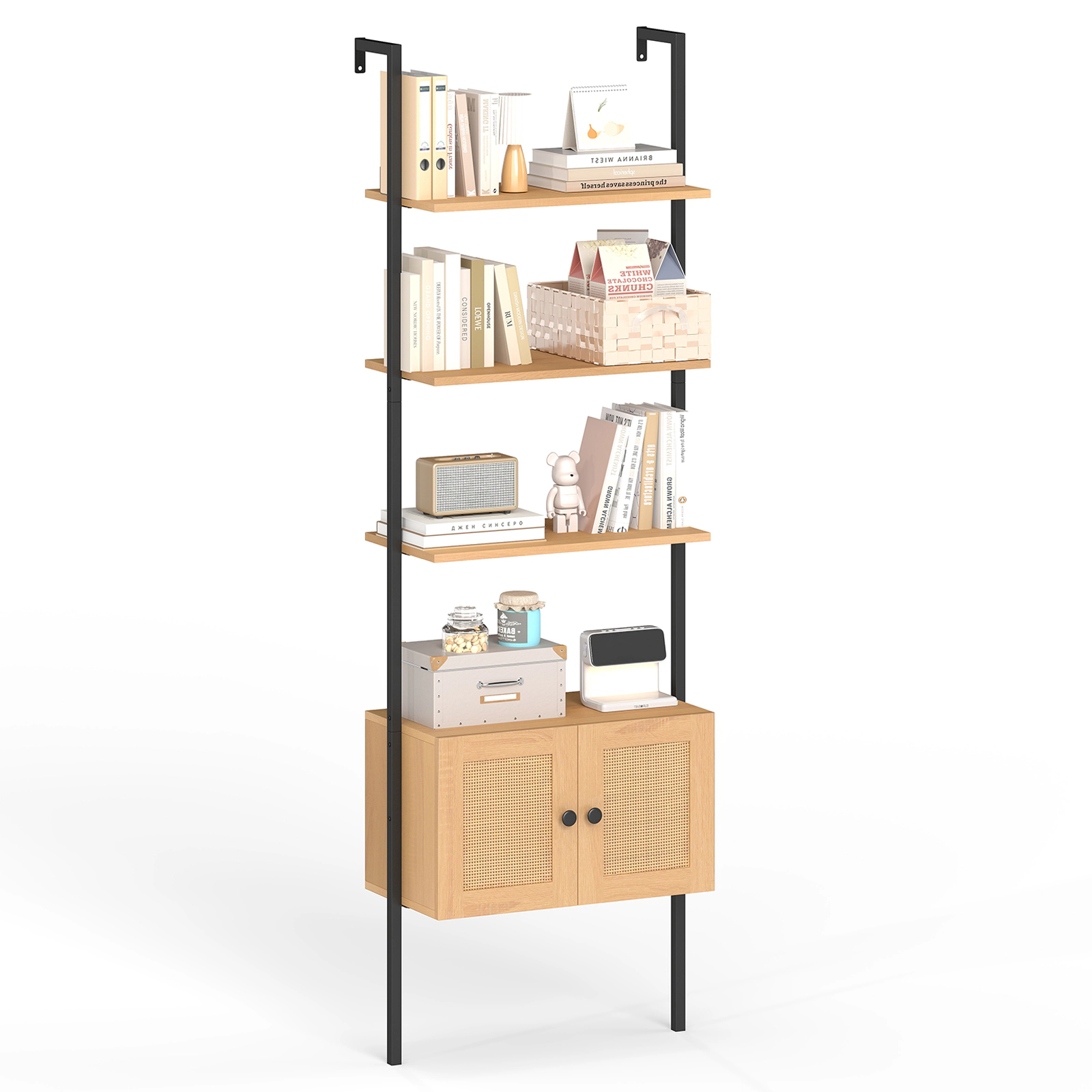 LJG 5-Tier Ladder Bookcase with Rattan Cabinet and Metal Frame