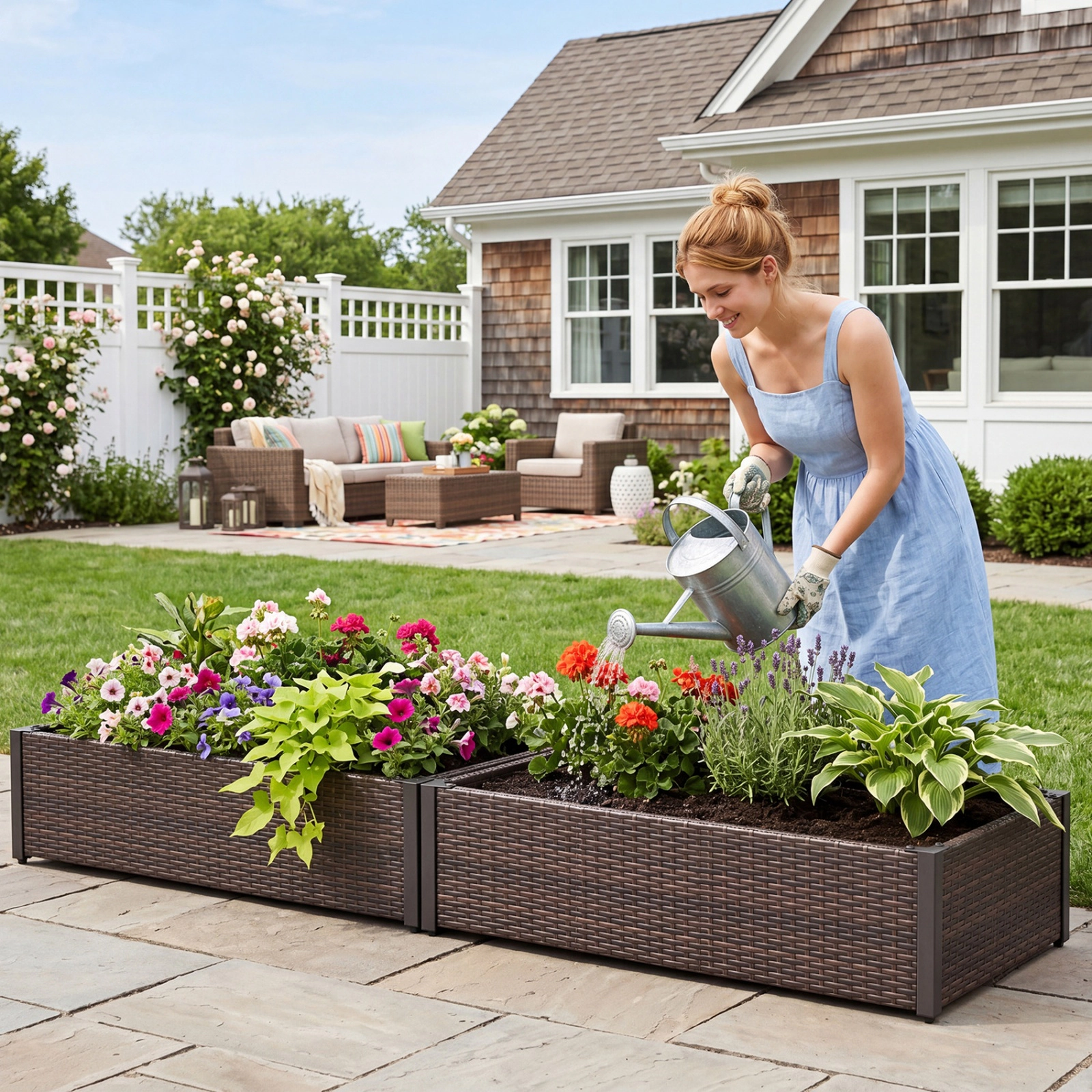 SUGIFT PE Rattan Elevated Raised Garden Bed Outdoor Planter with Open-Ended Base 132-lb Capacity Mixed Brown
