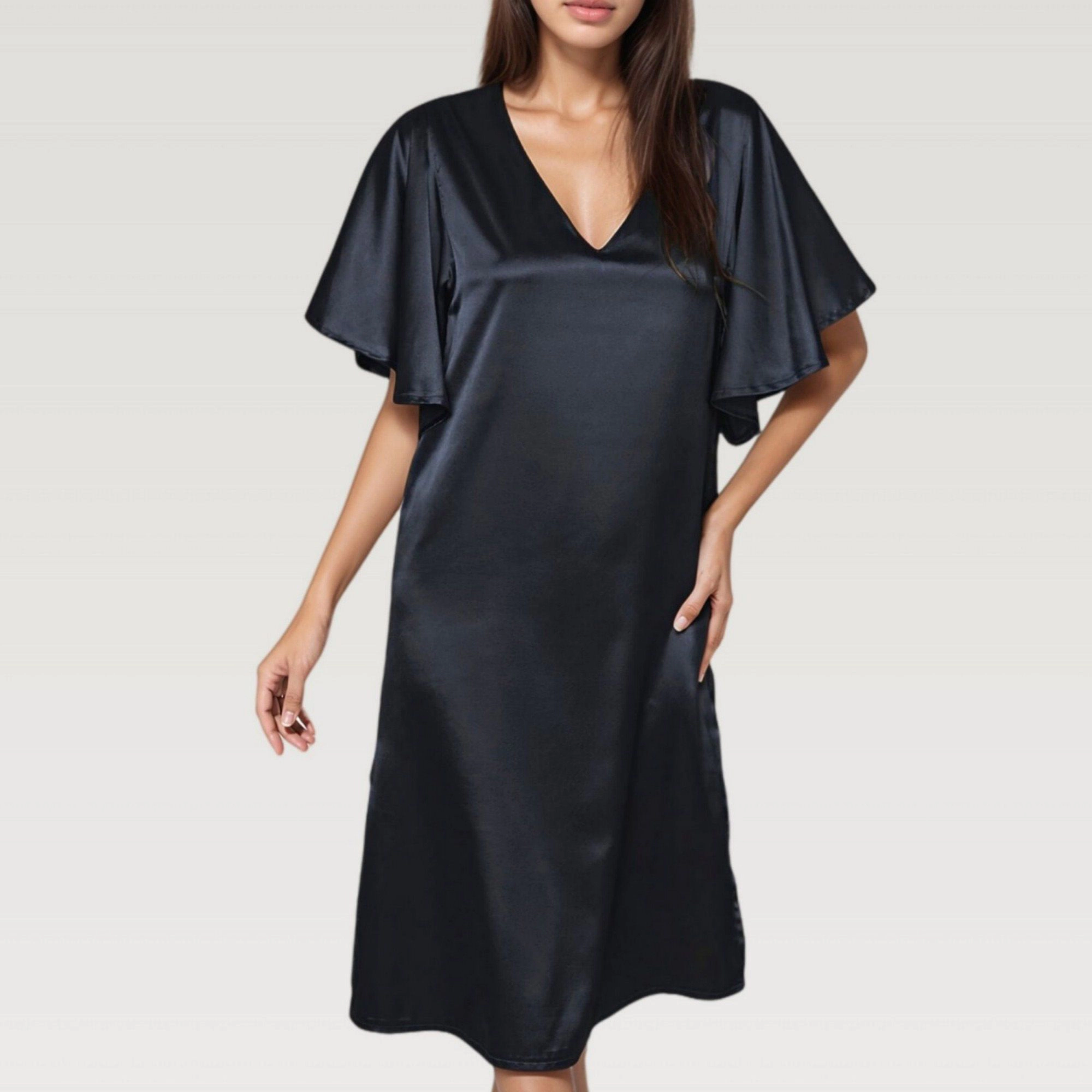Anna-Kaci Women's Satin V-Neckline Flutter Sleeves Midi Dress