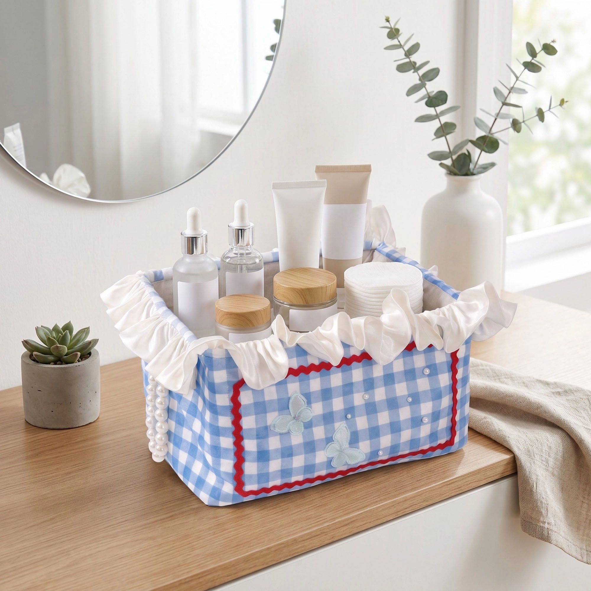 Alilang Unisex Gingham Fabric Storage Basket with Ruffle Trim and Handles