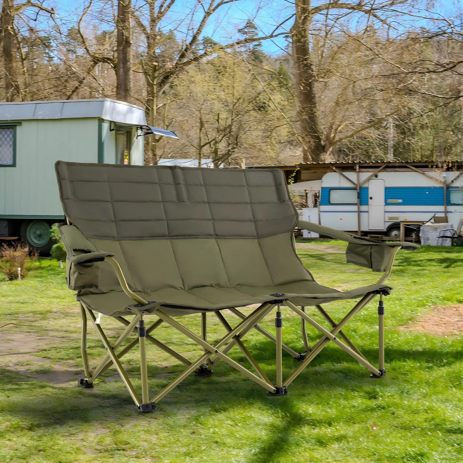 SUGIFT 660-lb Capacity Oversized Folding Double Camping Chair Loveseat Couch with Dual Cup Holders and Padded Seat