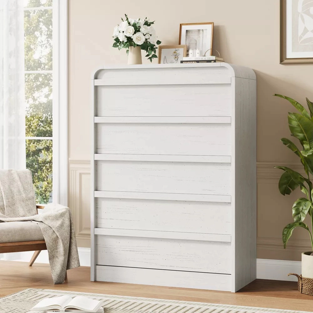 Arched 5 Drawer Wood Dresser with Curved Profile, Modern Storage Chest