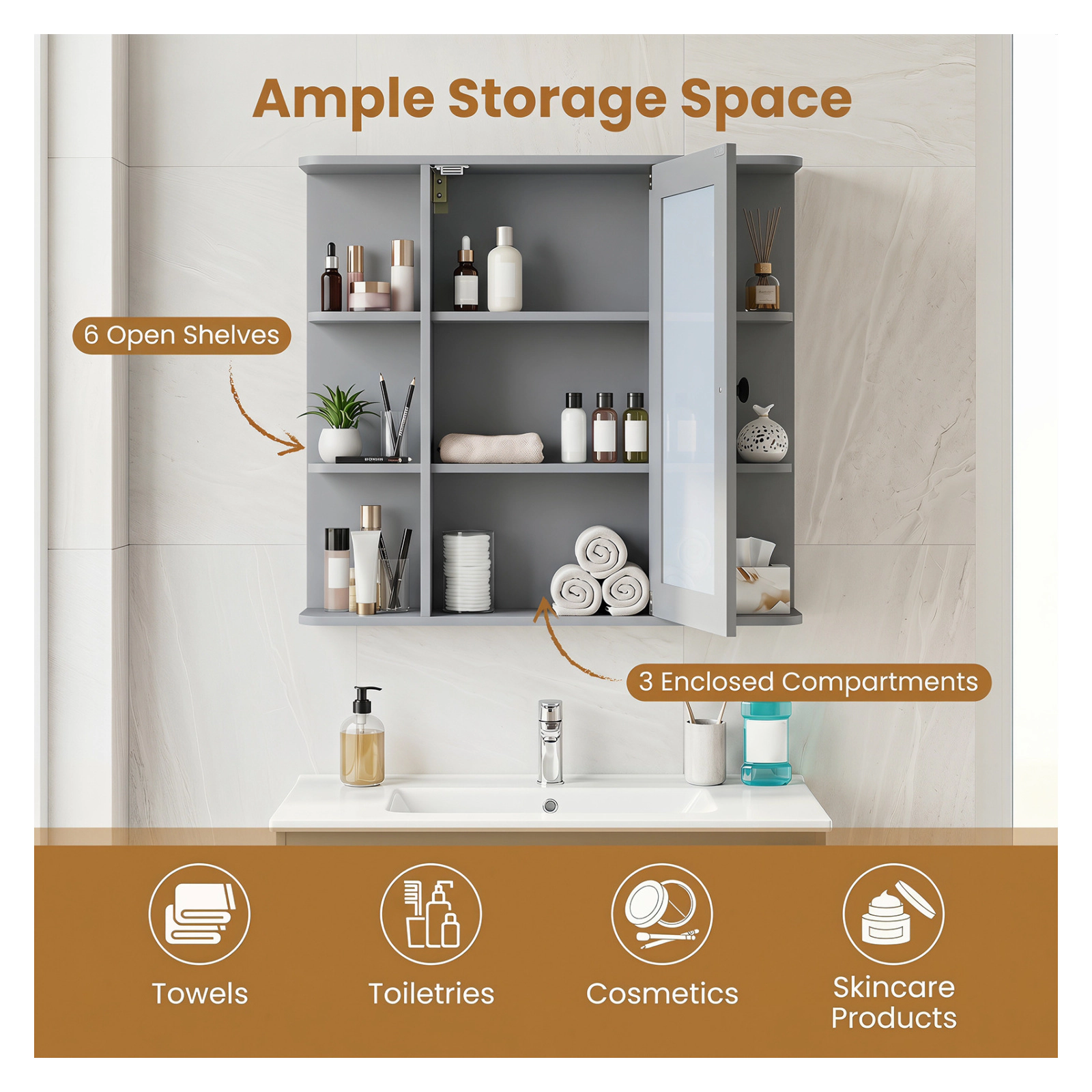 Glintex Wall-Mounted Medicine Cabinet with Mirrored Door and 6 Open Shelves