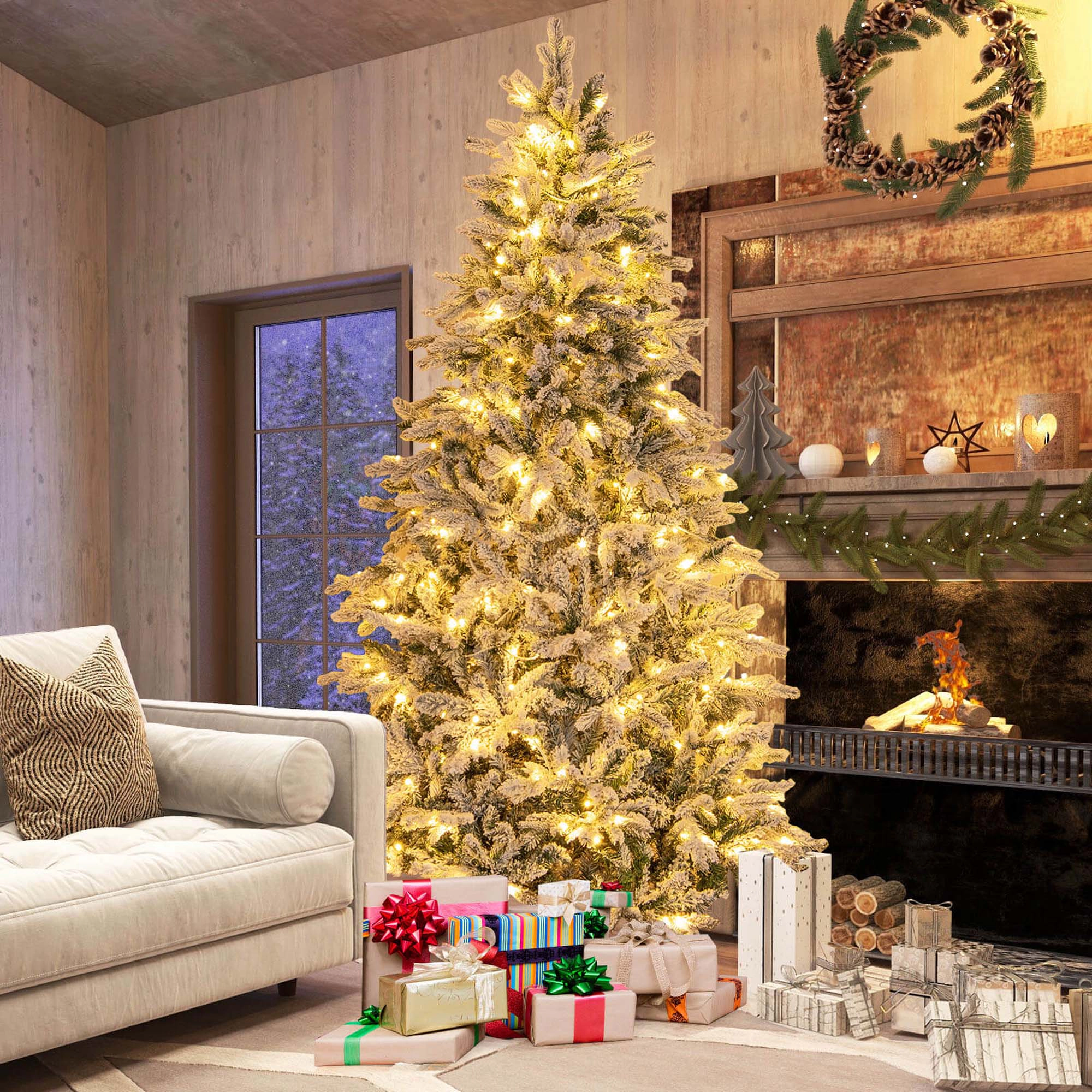 Costway 4.5 FT Pre-Lit Flocked Christmas Tree Hinged w/ 120 LED Lights & 757 Branch Tips