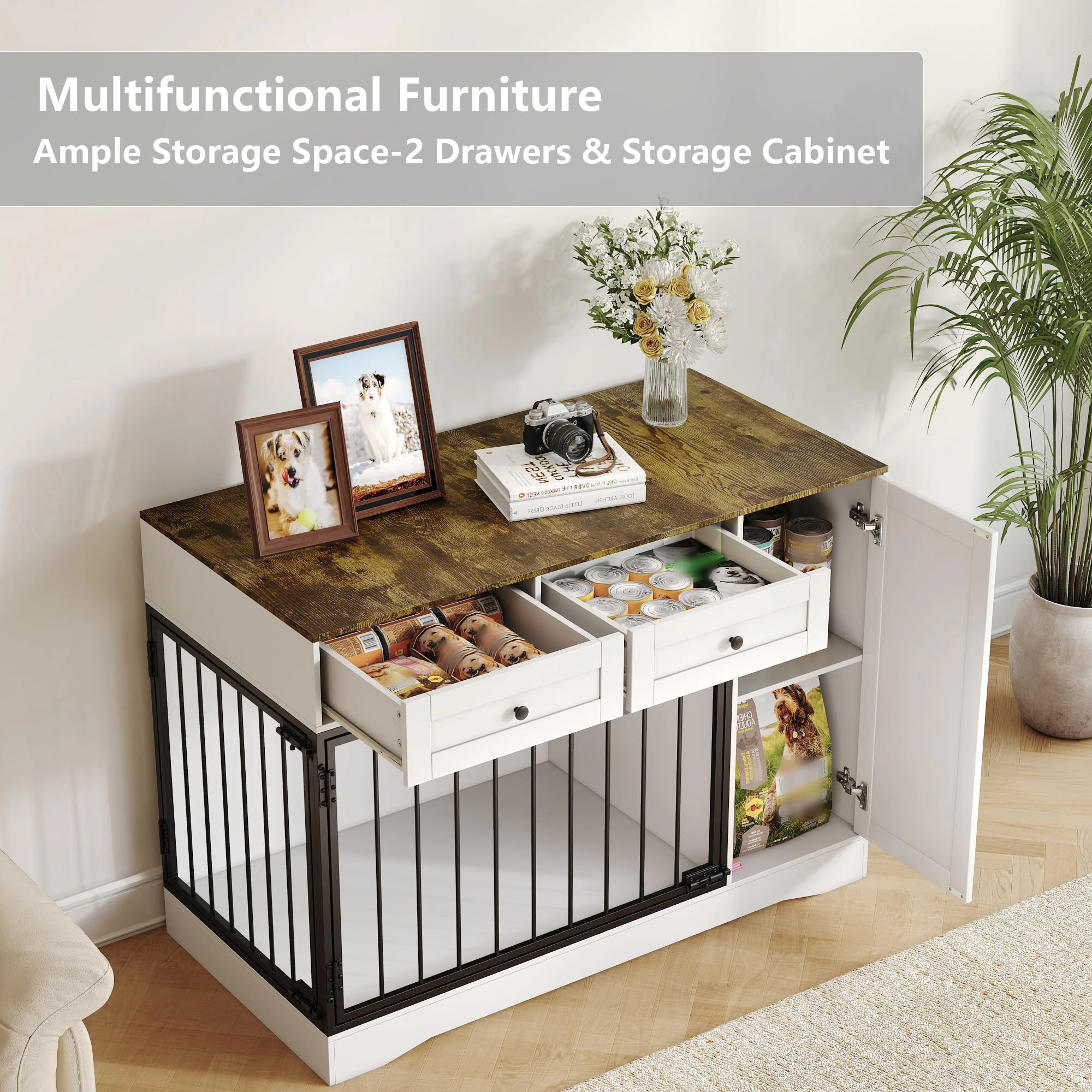 47" Farmhouse Dog Crate Furniture End Table with Double Doors, 2 Drawers & Cabinet, Chew-Resistant Kennel for Small Dogs