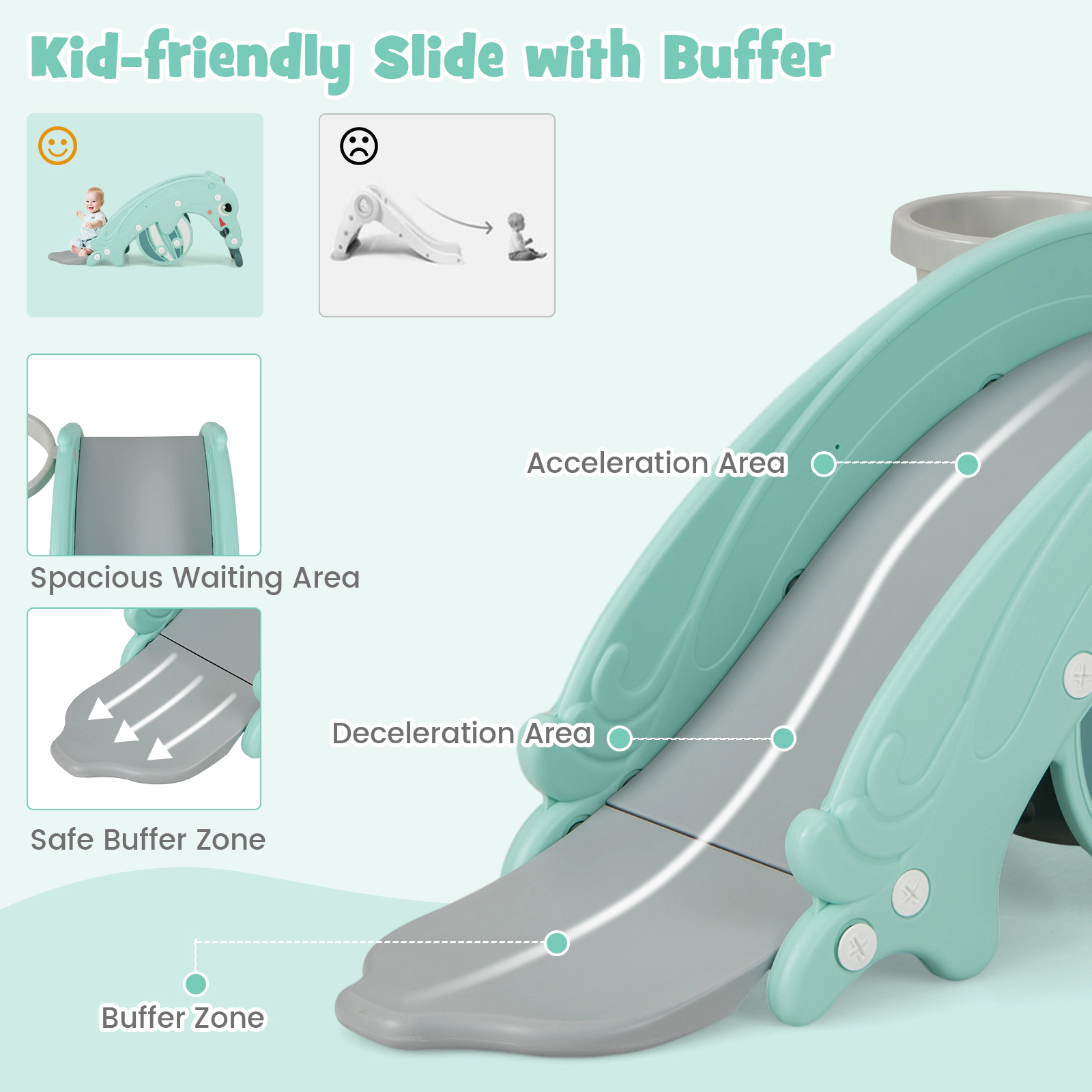 SUGIFT Green Basketball Hoop 3-in-1 Convertible Toddler Slide and Rocking Horse Set