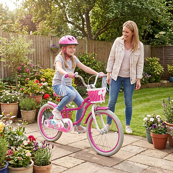 LJG Kids Bike Adjustable with Basket and Streamers Rose Red - Princess of the Sea Theme
