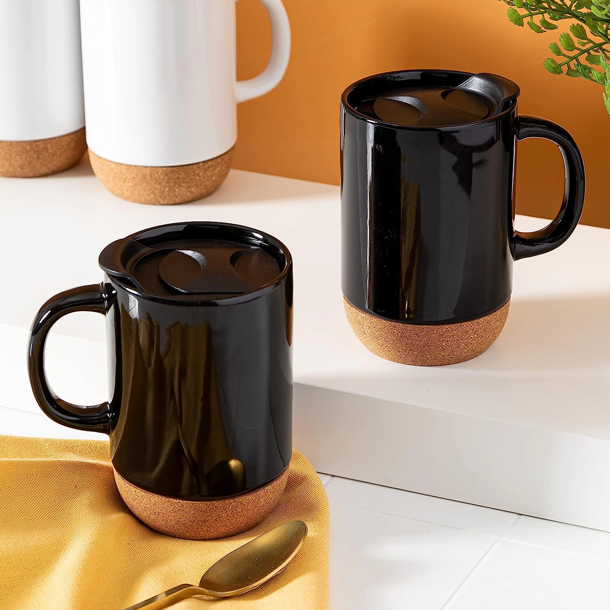 Gibson Home Modani 4 Piece 16.5 Ounce Stoneware Travel Mug Set with Lid and Cork Base