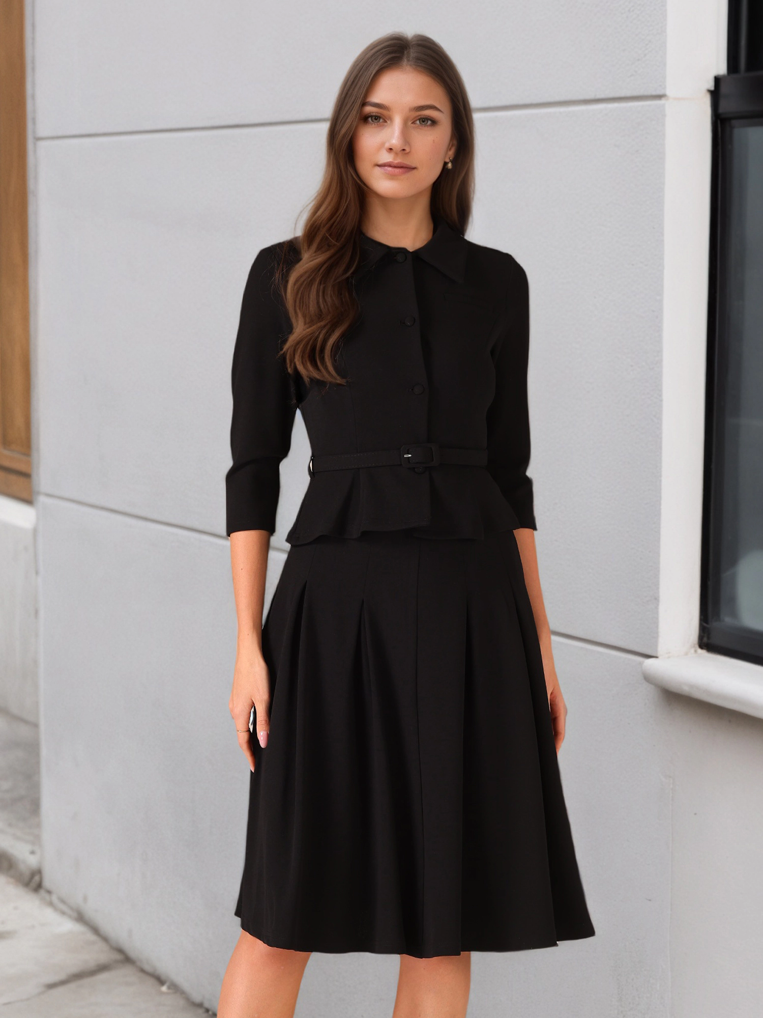 INSPIRE CHIC Women's Suit Skirt 2 Pieces Set Office 3/4 Sleeve Blazer and Pleated