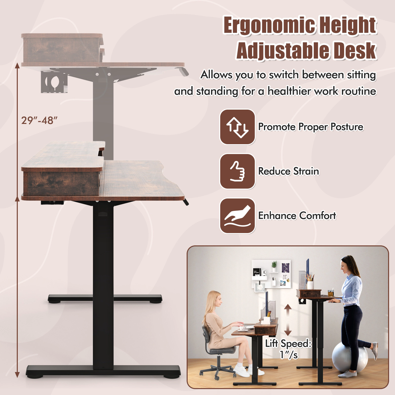 SUGIFT 48-in x 24-in Rustic Brown Wood Sit Stand Adjustable Standing Desk with Drawers for Home Office