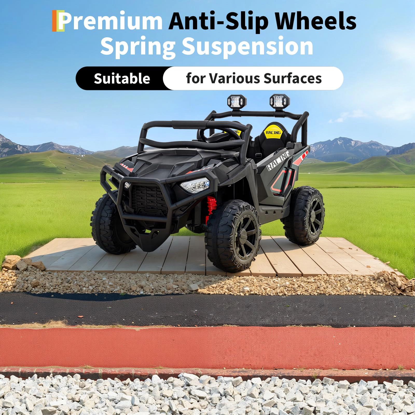 24V 2-Seater Electric UTV for Big Kids, 4-Wheeler Suspension,3 Speeds, Remote, Bluetooth, Lights