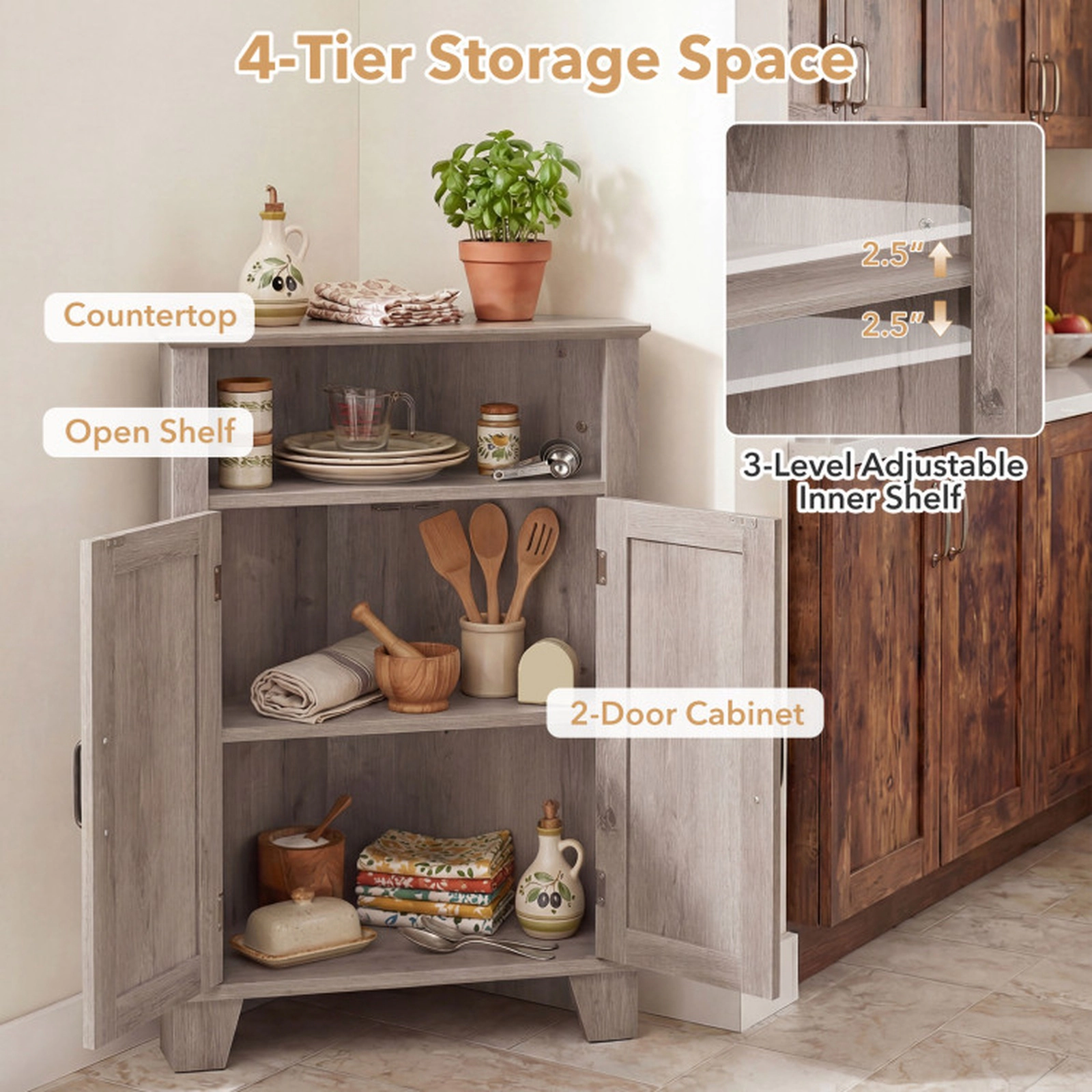 SUGIFT 4-Tier Corner Storage Cabinet with Open Shelf 100-lb Top Capacity 33-lb Shelf Capacity Gray