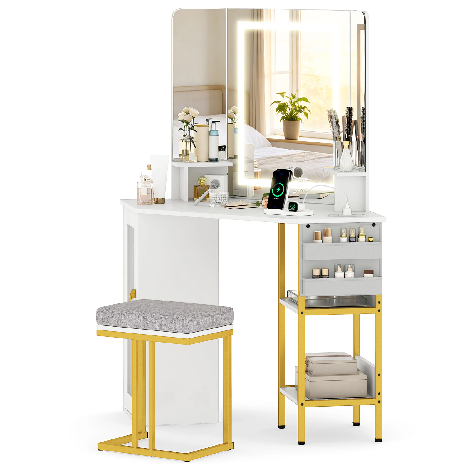 SUGIFT White Triple Lighted Mirror Charging Station and Cushioned Stool Corner Vanity Desk