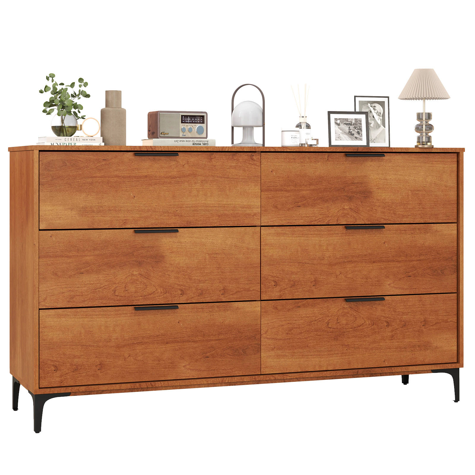 Glintex 59-Inch Wide 6-Drawer Dresser with Interlock System, Cherry