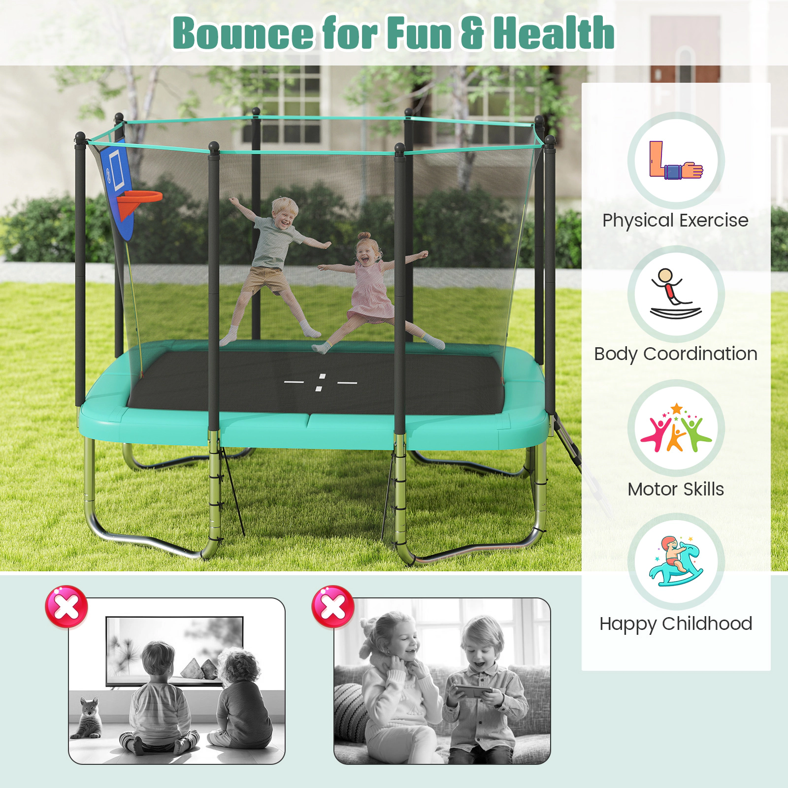 SUGIFT Green Basketball Hoop and Soccer Goal 10 x 8 FT Rectangle Outdoor Kids Trampoline