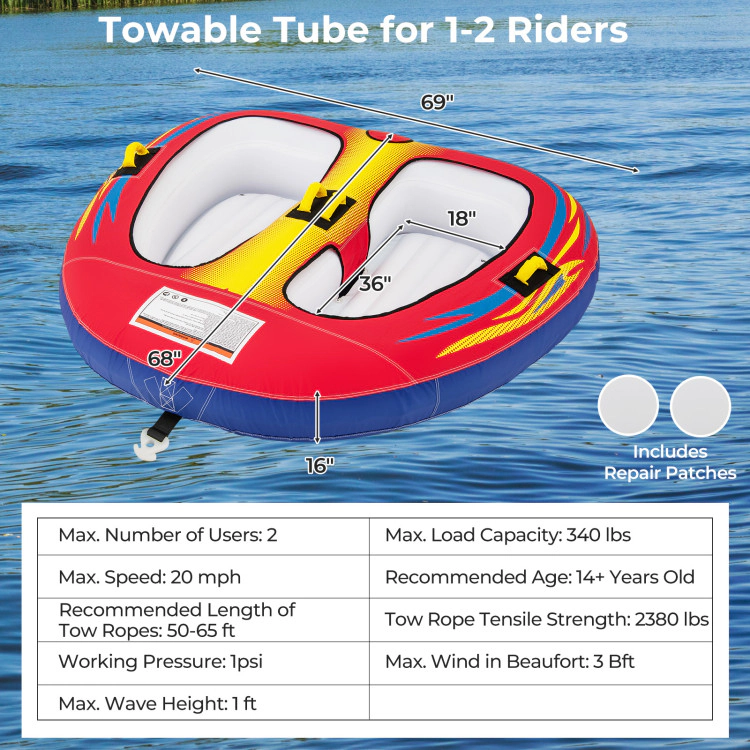 SUGIFT Teen Red Towable Boat Tube with 36-in Cockpit Seat and Bottom Drainage 69-in W 68-in D 340-lb Load Capacity