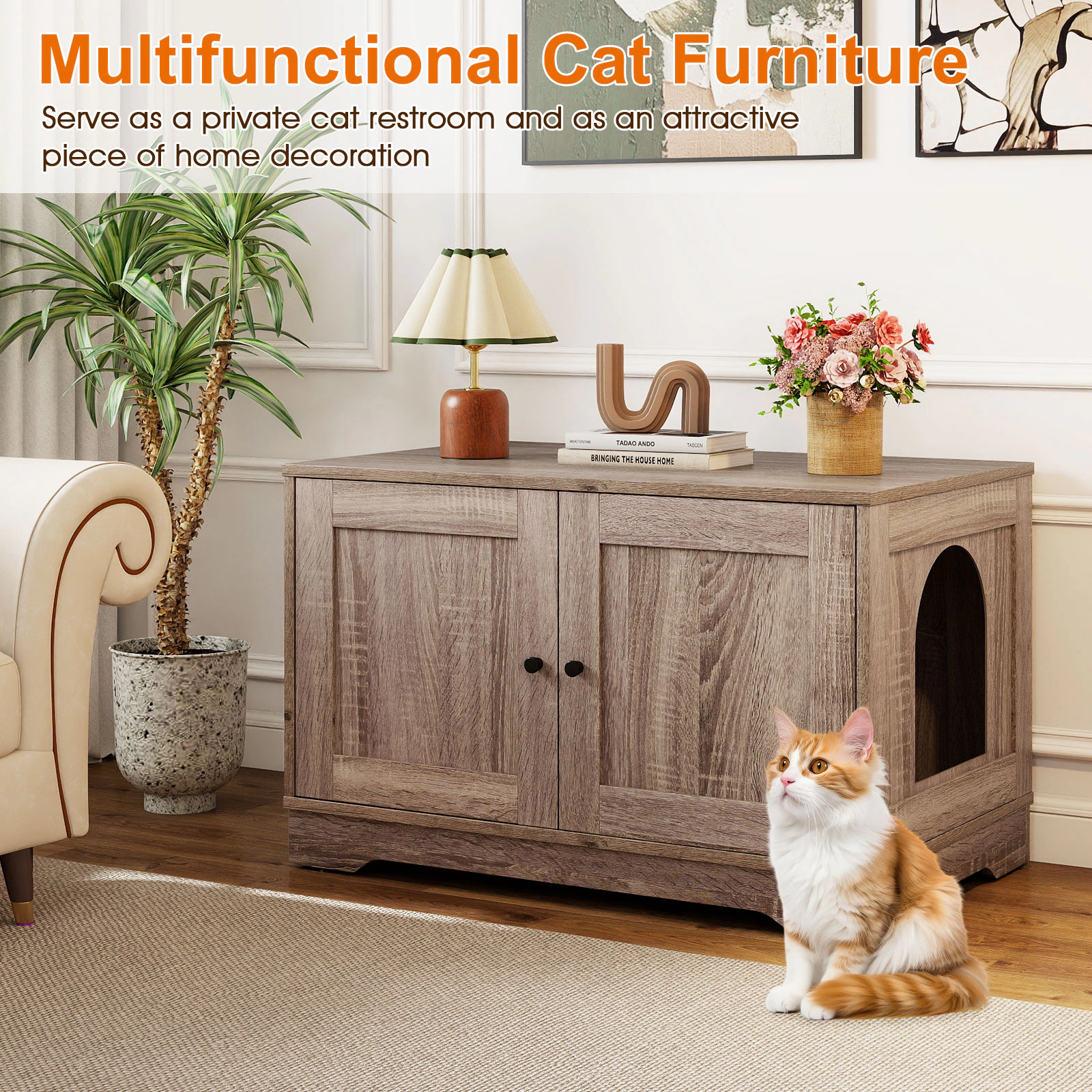SUGIFT Cat Litter Box Enclosure Side Table with Dual Doors 110-lb Tabletop Capacity Gray