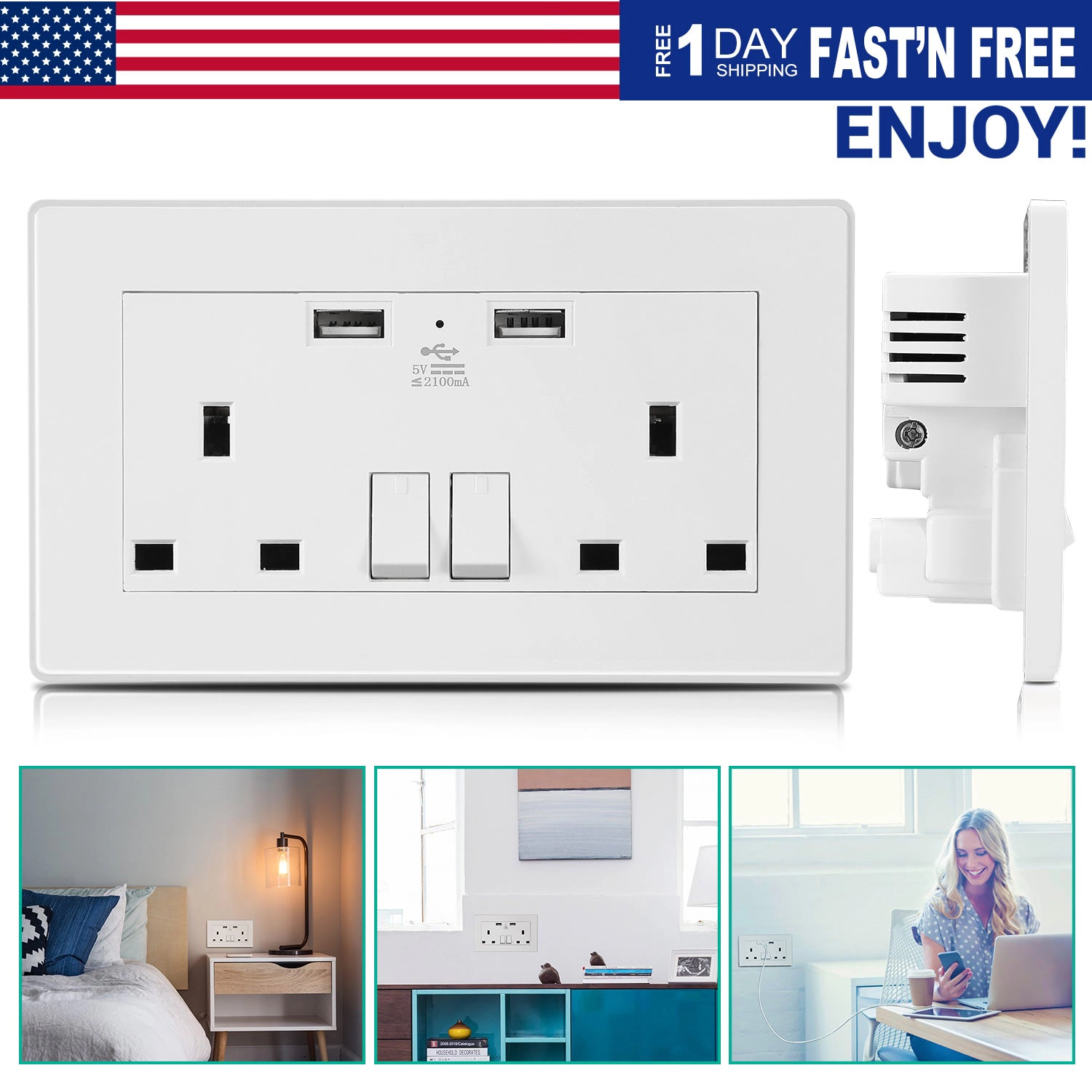 GBruno Dual USB UK Wall Outlet With Switch