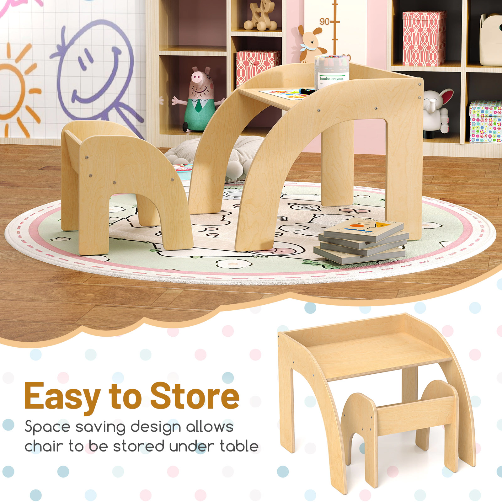 SUGIFT Natural Wide Tabletop and Curved Safety Edges Kids Table and Chair Set