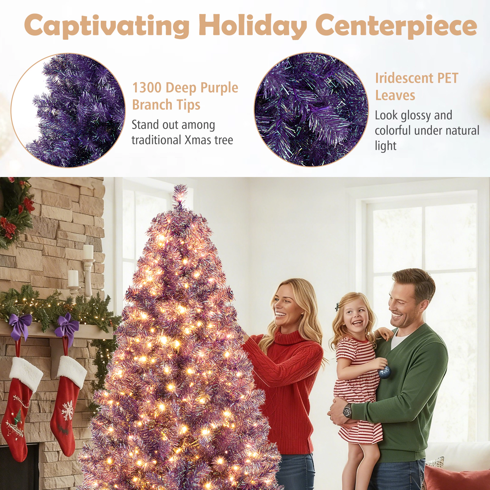 SUGIFT Pre-Lit Tinsel Artificial Christmas Tree with Warm White LED Lights Deep Purple 7.5ft