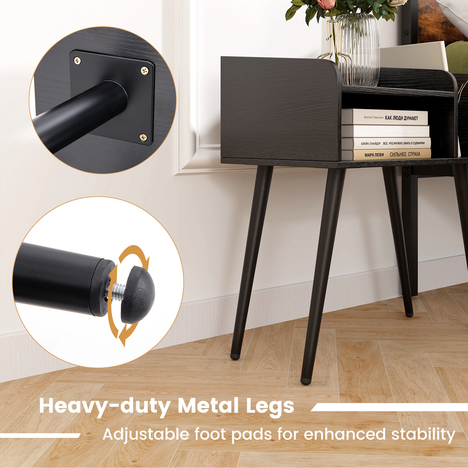 SUGIFT Mid Century Modern Nightstand with Open Shelves Engineered Wood and Metal 80-Lb Total Capacity Black